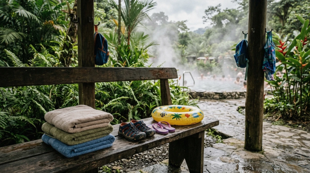 Family changing bench with folded towels and a swim ring beside a thermal pool in La Fortuna