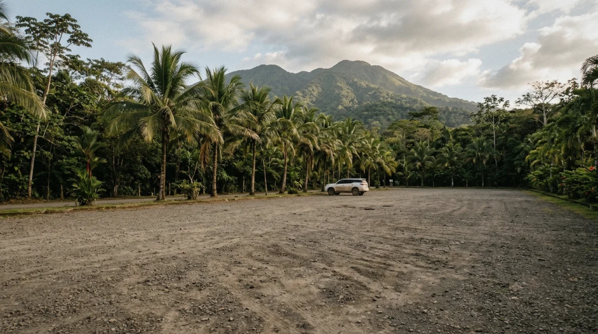 Open gravel resort parking area with tropical trees near the La Fortuna hot springs