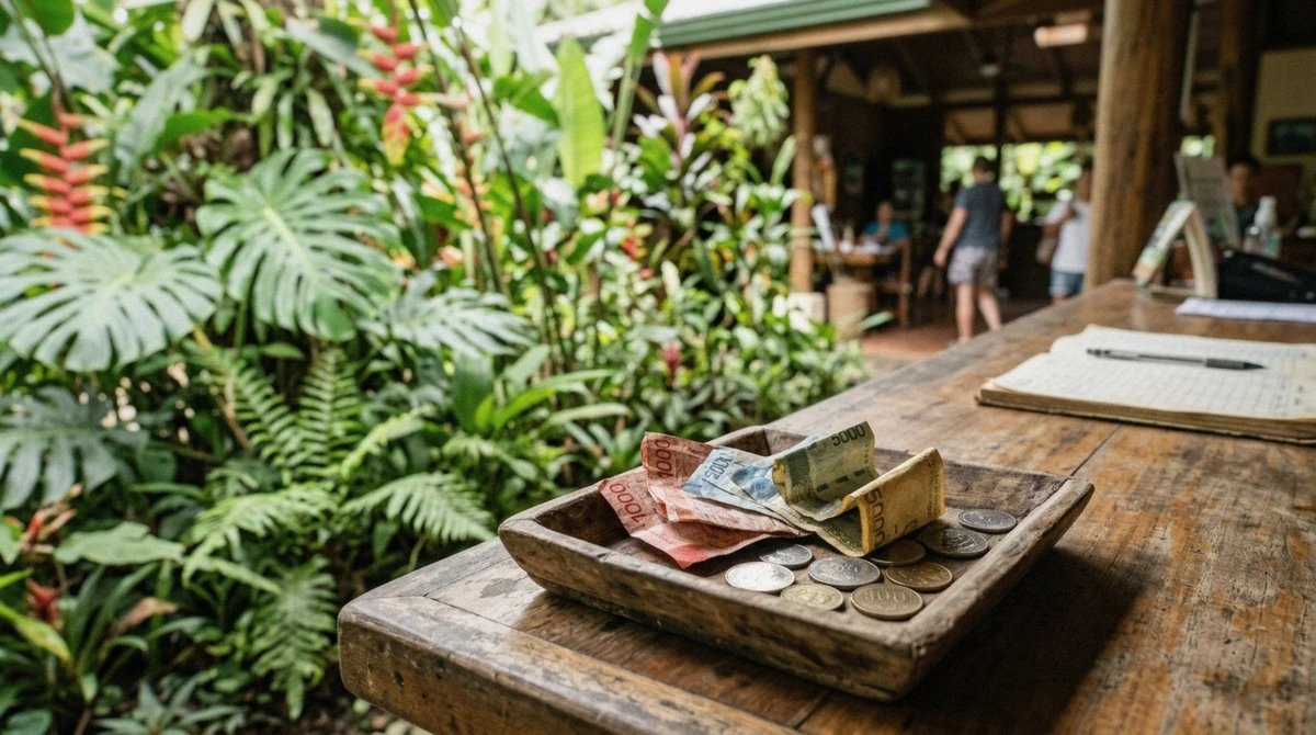 Folded banknotes and coins in a tray at a wooden counter on the what the La Fortuna hot springs cost guide