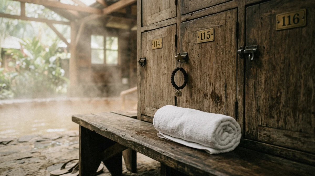 Wooden lockers with a key on a wrist band and a rolled towel at a hot spring resort in La Fortuna