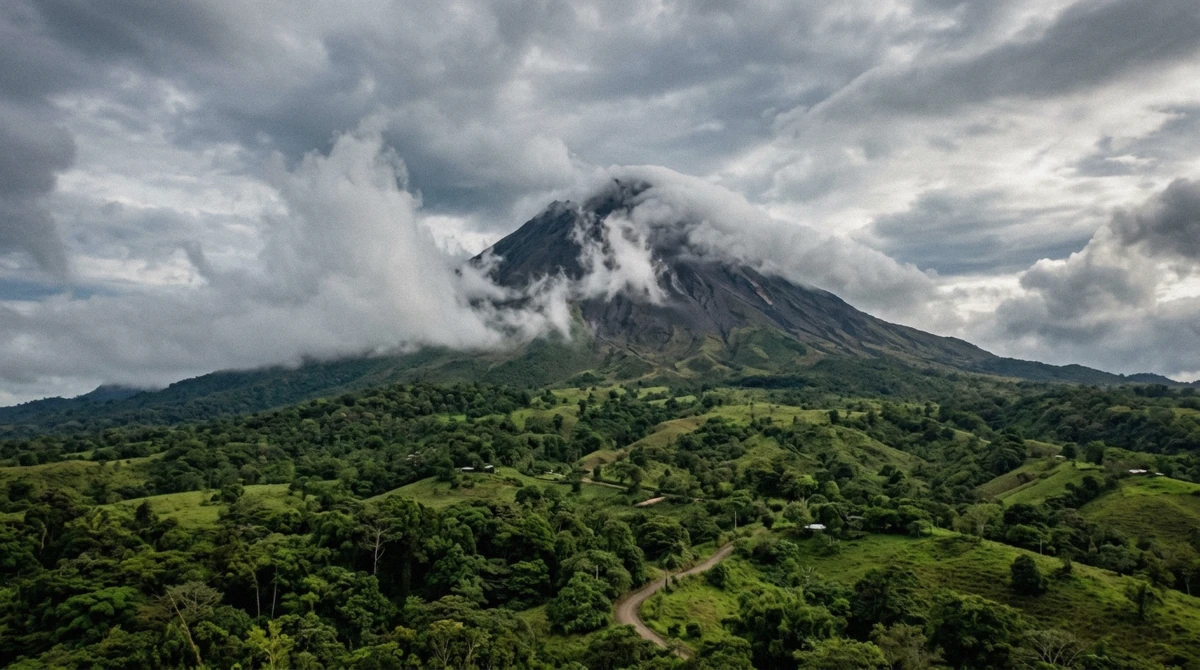 Large volcano cone half wrapped in fast-moving cloud above green foothills in Costa Rica