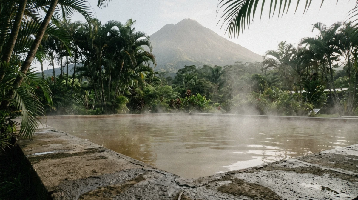 Thermal pool under palms with steam drifting across warm water at Los Lagos hot springs in La Fortuna