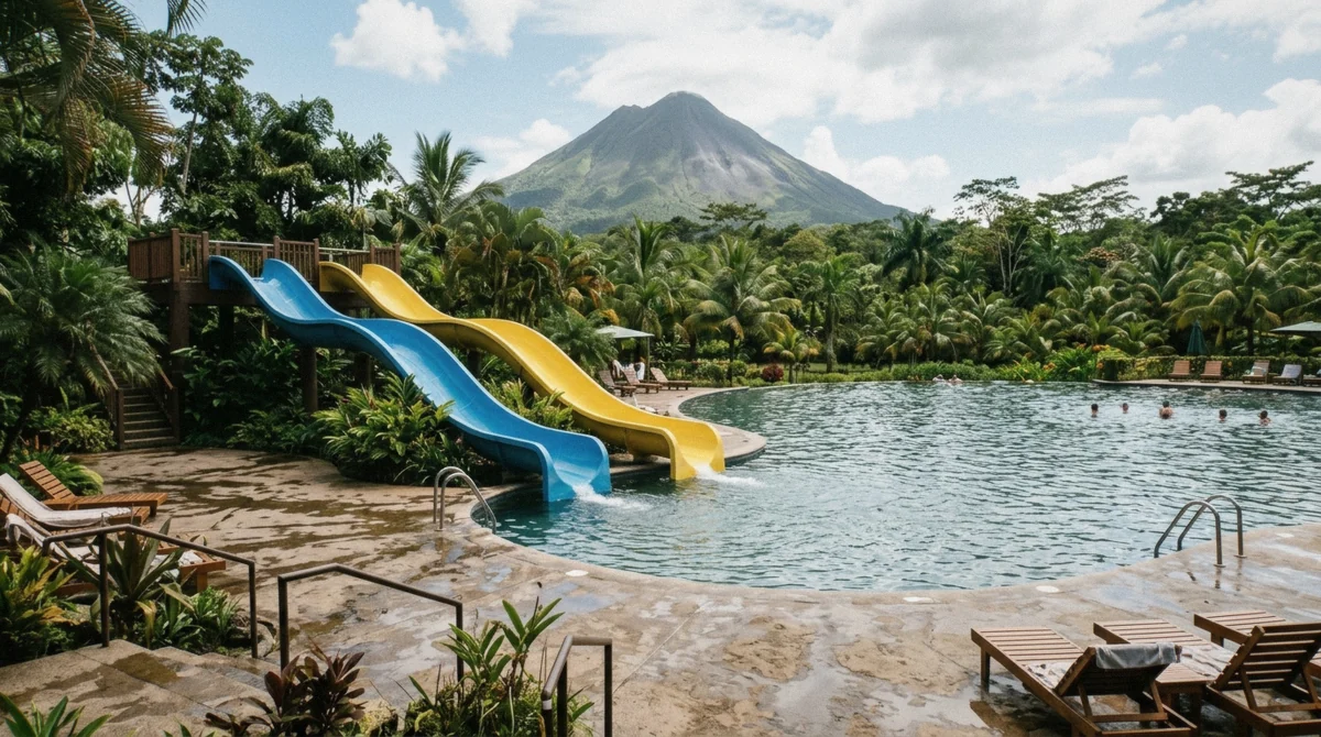 Water slides descending into a large resort pool among palm trees at the Los Lagos hot springs ticket in La Fortuna