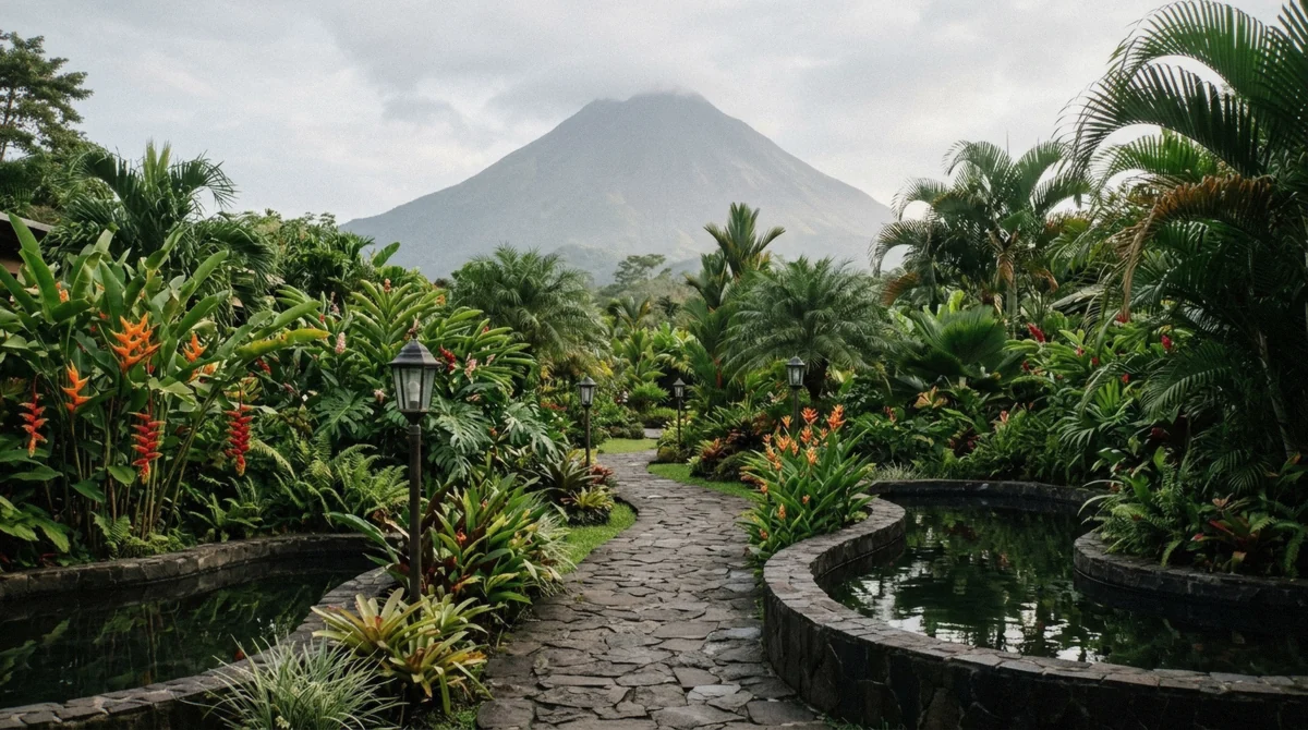 Tropical garden path between dark stone pools on the Tabacon hot springs day pass in La Fortuna
