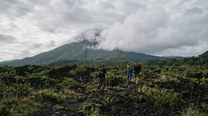 Guided hikers on a lava field trail in Arenal Volcano National Park with the volcano cone ahead on a morning volcano and hot springs tour from La Fortuna, Costa Rica